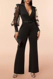 Sexy Solid Mesh V Neck Loose Jumpsuits