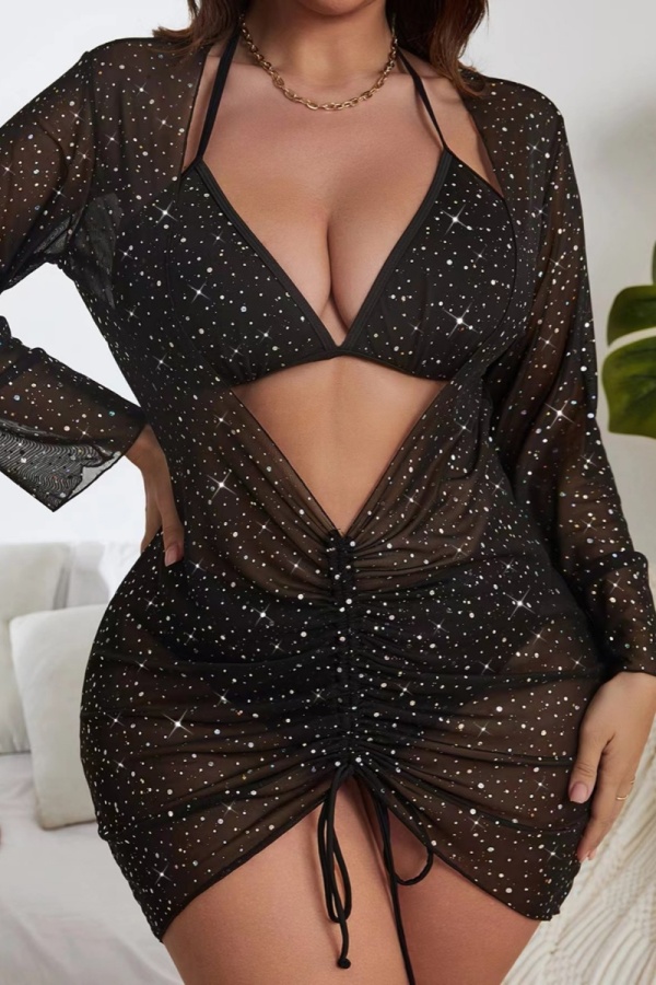 Sexy Solid Sequins Frenulum See-through V Neck Plus Size Swimwear Three Piece Set (With Paddings)