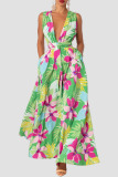 Floral Print Sleeveless Deep V Neck Lace Up Vacation Maxi Dress