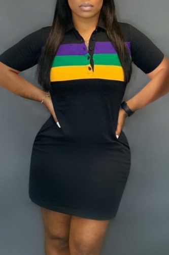 Black Striped Knit Mini Dress Turndown Collar Short Sleeve Casual Outing Fitted Shirt Dress