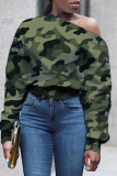 Casual Camouflage Print Patchwork Oblique Collar Tops