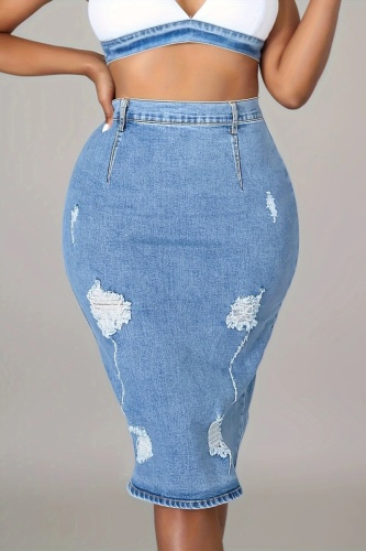 Casual Solid Ripped High Waist Skinny Denim Skirts
