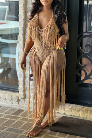 Sexy Solid Tassel Hollowed Out Backless Swimwears Cover Up