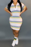 Striped Print Basic Turndown Collar Short Sleeve Dress