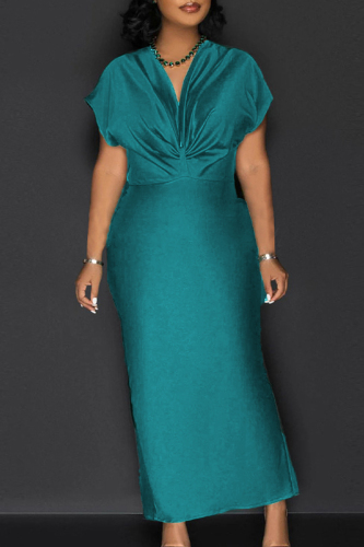 Green Ruched V Neck Dropped Shoulder Formal Cocktail Party Bodycon Satin Maxi Dresses