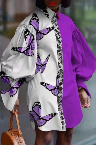 Casual Print Patchwork Turndown Collar Shirt Dress Dresses