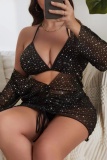 Sexy Solid Sequins Frenulum See-through V Neck Plus Size Swimwear Three Piece Set (With Paddings)
