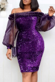 Sexy Patchwork Sequins Off the Shoulder Long Sleeve Plus Size Dresses