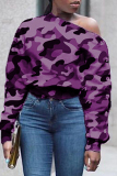 Casual Camouflage Print Patchwork Oblique Collar Tops