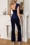 Sexy Solid Backless Sequined Oblique Collar Regular Jumpsuits
