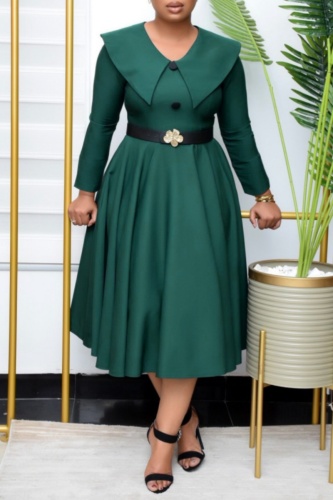 Casual Solid Patchwork V Neck Long Sleeve Dresses (Without Belt)