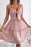 Sweet Vacation Floral With Bow V Neck Sling Dress Dresses