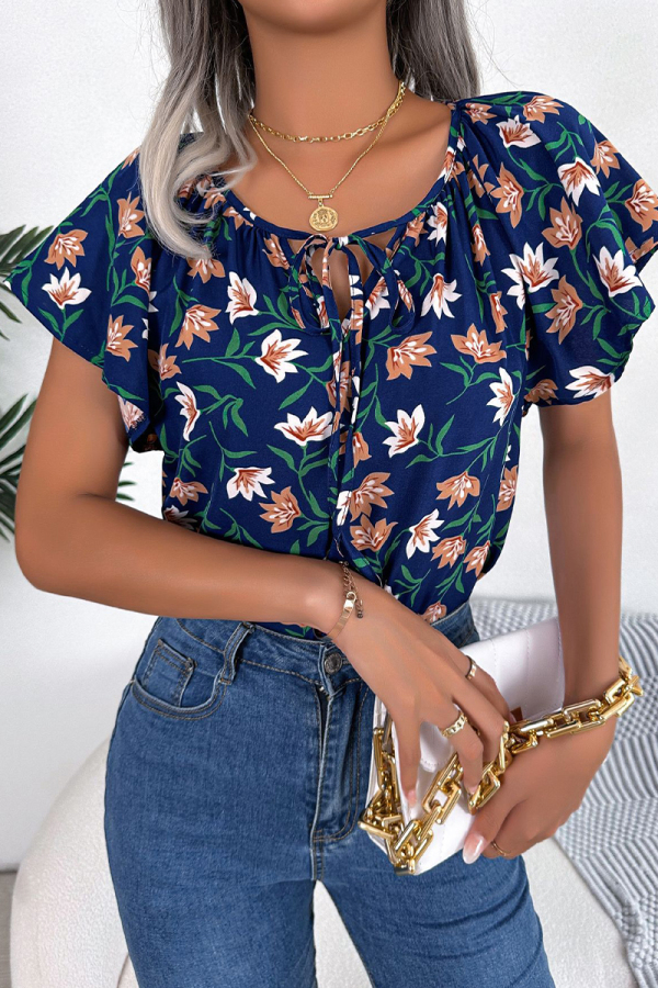 Elegant Print Flowers Frenulum Flounce O Neck Tops