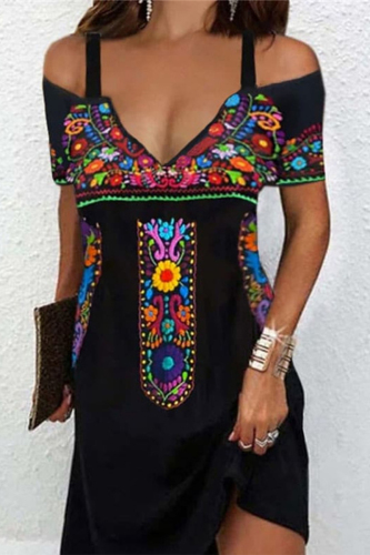 Sexy Bohemian Geometric Print Patchwork V Neck A Line Dresses