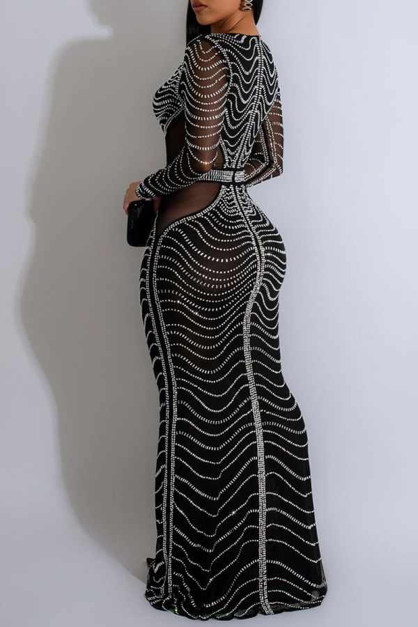 Momycharm Black Solid Slit Sequin Pleated Deep V-neck Bodycon Elegant Banquet Maxi Dress