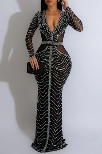Black Hot Drilling Mesh Deep V Neck Long Sleeve Bodycon Prom Party Maxi Dresses