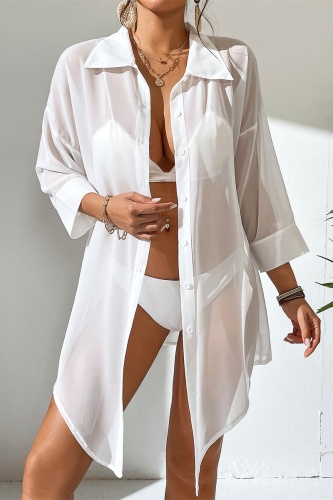 Casual Solid See-through Shirt Collar Tops