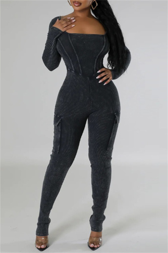 Casual Solid Patchwork Square Collar Skinny Jumpsuits
