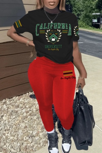 Black Red Casual Print Basic O Neck Short Sleeve Two Pieces
