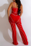 Sexy Patchwork Hot Drilling See-through Backless Spaghetti Strap Skinny Jumpsuits