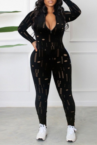 Casual Solid Hollowed Out Zipper Collar Skinny Jumpsuits