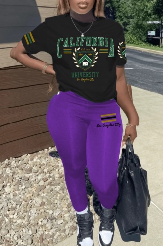 Black Purple Casual Print Basic O Neck Short Sleeve Two Pieces