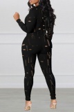 Casual Solid Hollowed Out Zipper Collar Skinny Jumpsuits