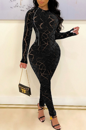 Sexy Print Patchwork Zipper O Neck Skinny Jumpsuits