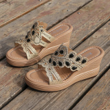 Casual Hollowed Out Patchwork Rhinestone Fish Mouth Out Door Wedges Shoes (Heel Height 3.15in)