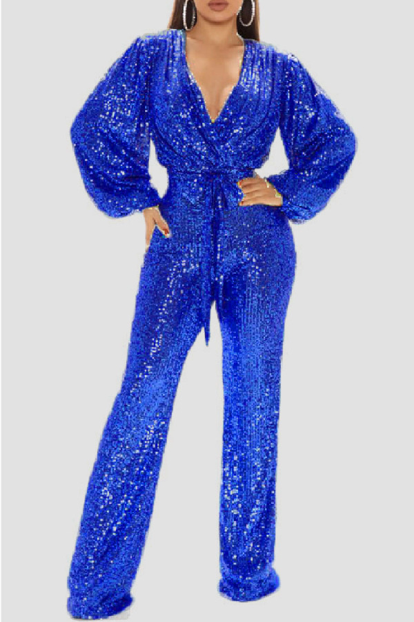 Casual Patchwork Sequins V Neck Regular Jumpsuits