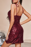Sexy Solid Sequins Slit Asymmetrical V Neck Wrapped Skirt Dresses