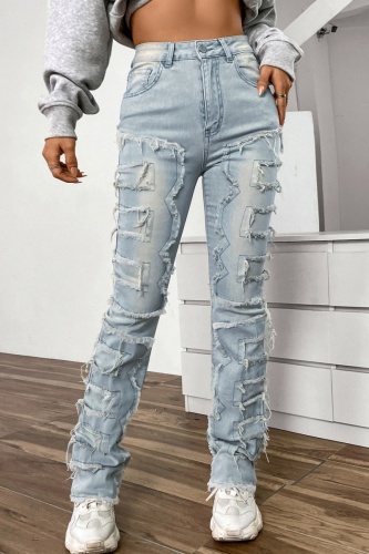 Casual Solid Patchwork High Waist Skinny Denim Jeans