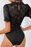 Sexy Solid Patchwork See-through Short Sleeves Bodysuits