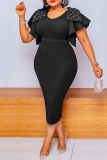 Casual Solid Beading O Neck Pencil Skirt Plus Size Dresses