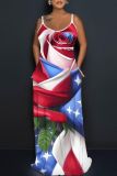 Flag Stars Print Backless Floor Length Sleeveless Loose Cami Maxi Dress