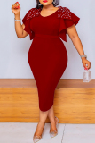 Casual Solid Beading O Neck Pencil Skirt Plus Size Dresses