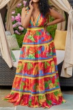 Floral Print Sleeveless Backless Deep V Neck Cinch Waist Vacation Maxi Dress