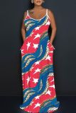 Flag Stars Print Backless Floor Length Sleeveless Loose Cami Maxi Dress