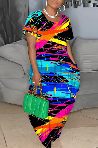 Casual Print Basic O Neck Long Dress Plus Size Dresses