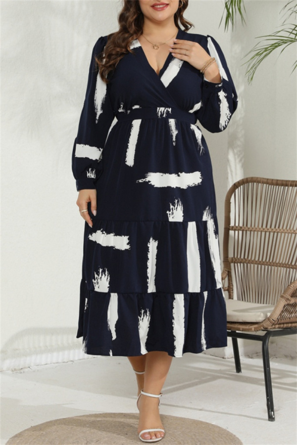 Casual Print Patchwork V Neck Long Sleeve Plus Size Dresses