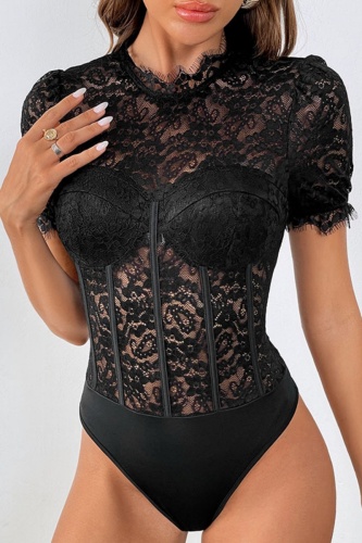 Sexy Solid Patchwork See-through Short Sleeves Bodysuits