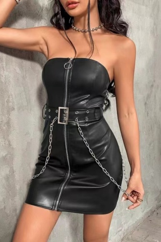 Sexy Solid Patchwork Backless With Belt Strapless Wrapped Skirt Dresses