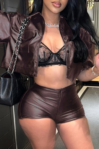 Coffee Sexy Casual Solid Basic Turndown Collar Short Sleeve Two Pieces