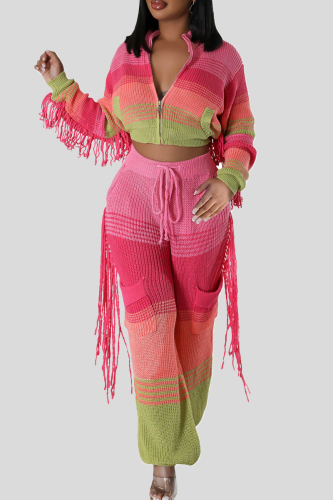 Street Color Block Tassel Bandage Patchwork Pocket Zipper Zipper Collar Long Sleeve Two Pieces