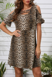 Vintage Print Leopard Hollowed Out V Neck Printed Dress Dresses