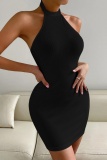 Casual Solid Backless Halter Sleeveless Dress Dresses