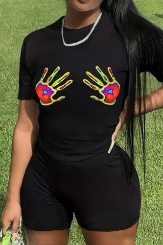 Casual Print Basic O Neck Short Sleeve Two Pieces