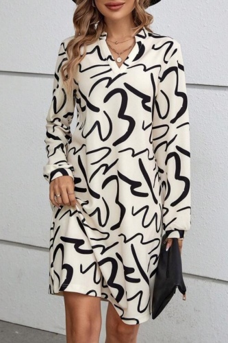 Casual Print Basic V Neck Long Sleeve Dresses (Without Belt)