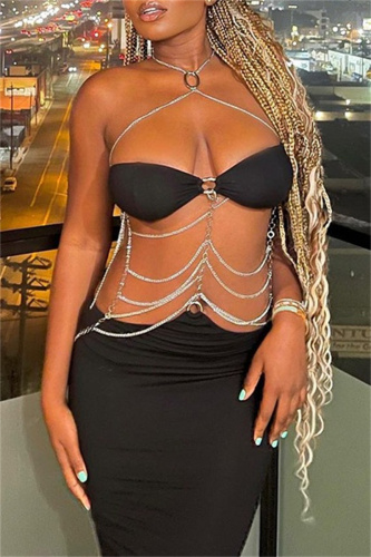 Sexy Solid Patchwork Chains Backless Halter Strapless Dress Dresses