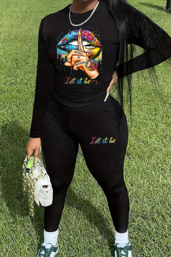 Casual Print Patchwork O Neck Long Sleeve Two Pieces